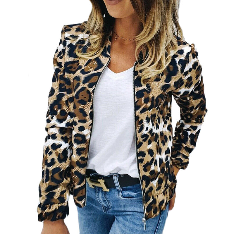 Leopard Print Women Jacket Coat Auutmn Stand